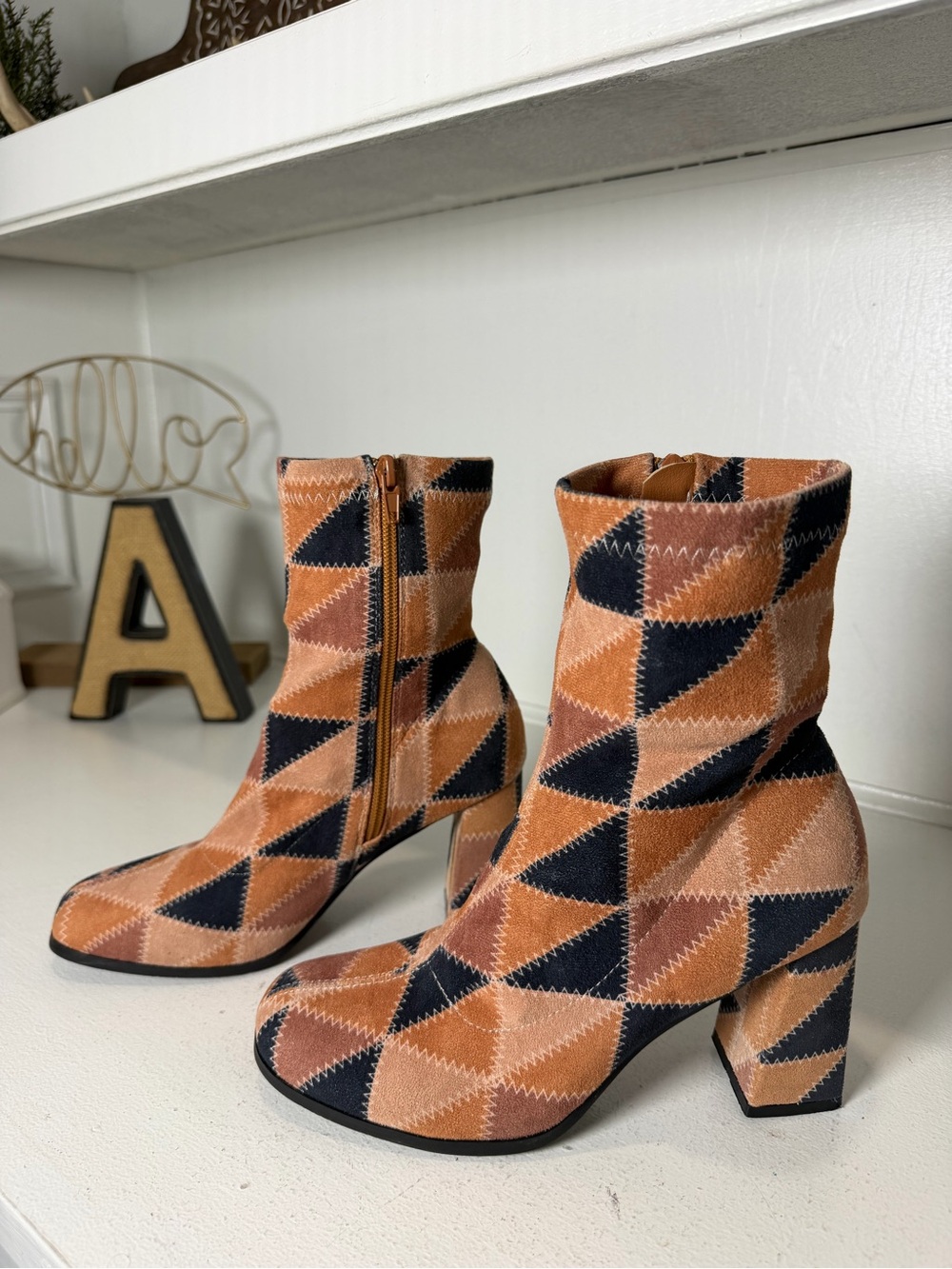 Beast Fashion Womens 6.5 Patchwork Suede Ankle Boots Block Heel Y2K Buckle